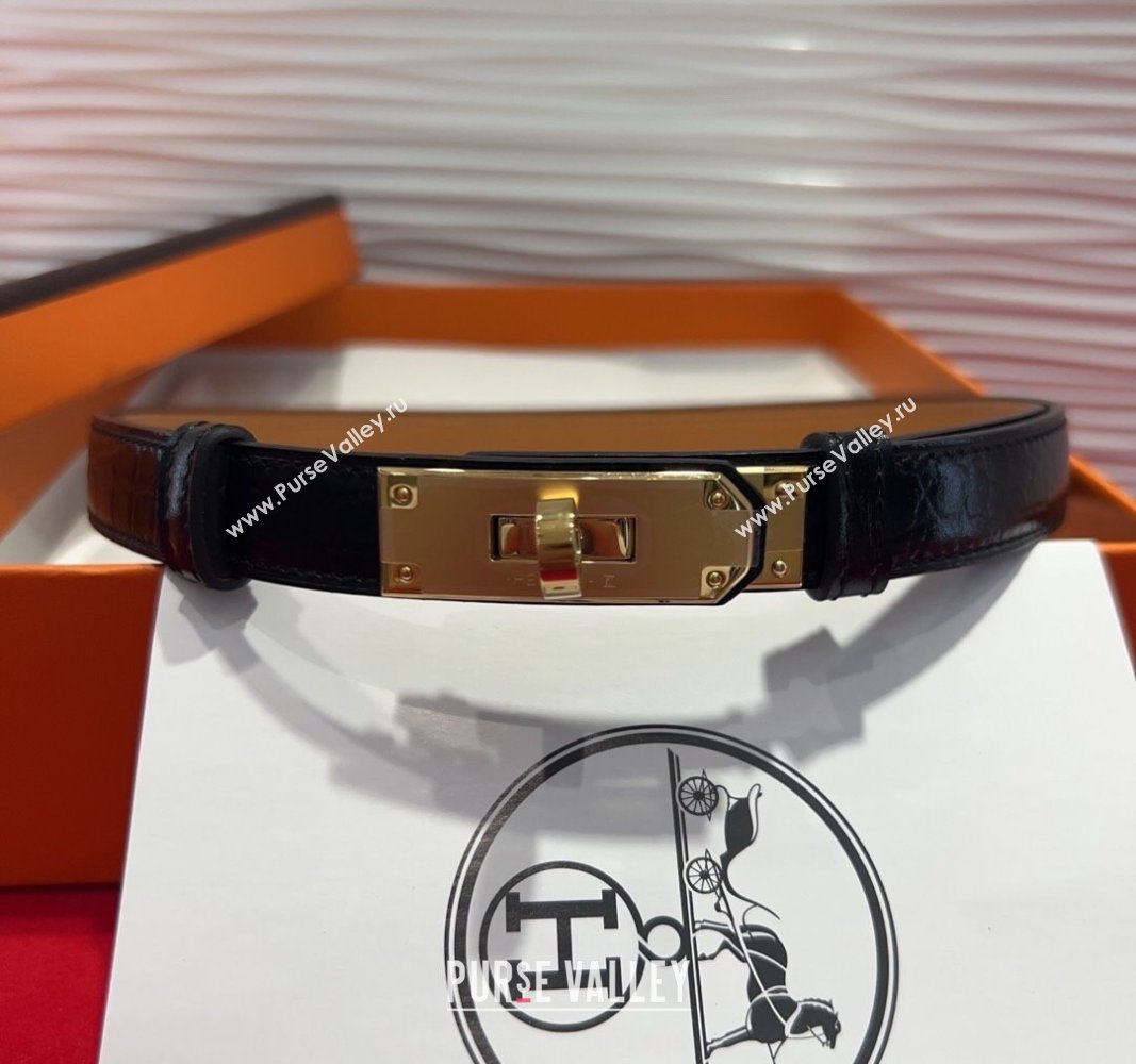 Hermes Kelly Duo Belt 1.8cm in Crocodile Embossed Calfskin with Metal-Tone Buckle Black/Gold 2025 H2011025 (99-250508172)
