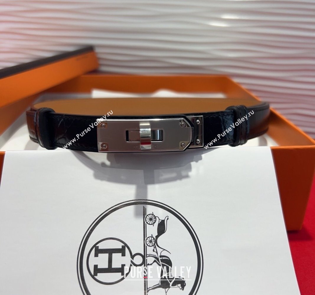 Hermes Kelly Duo Belt 1.8cm in Crocodile Embossed Calfskin with Metal-Tone Buckle Black/Silver 2025 H2011025 (99-250508173)
