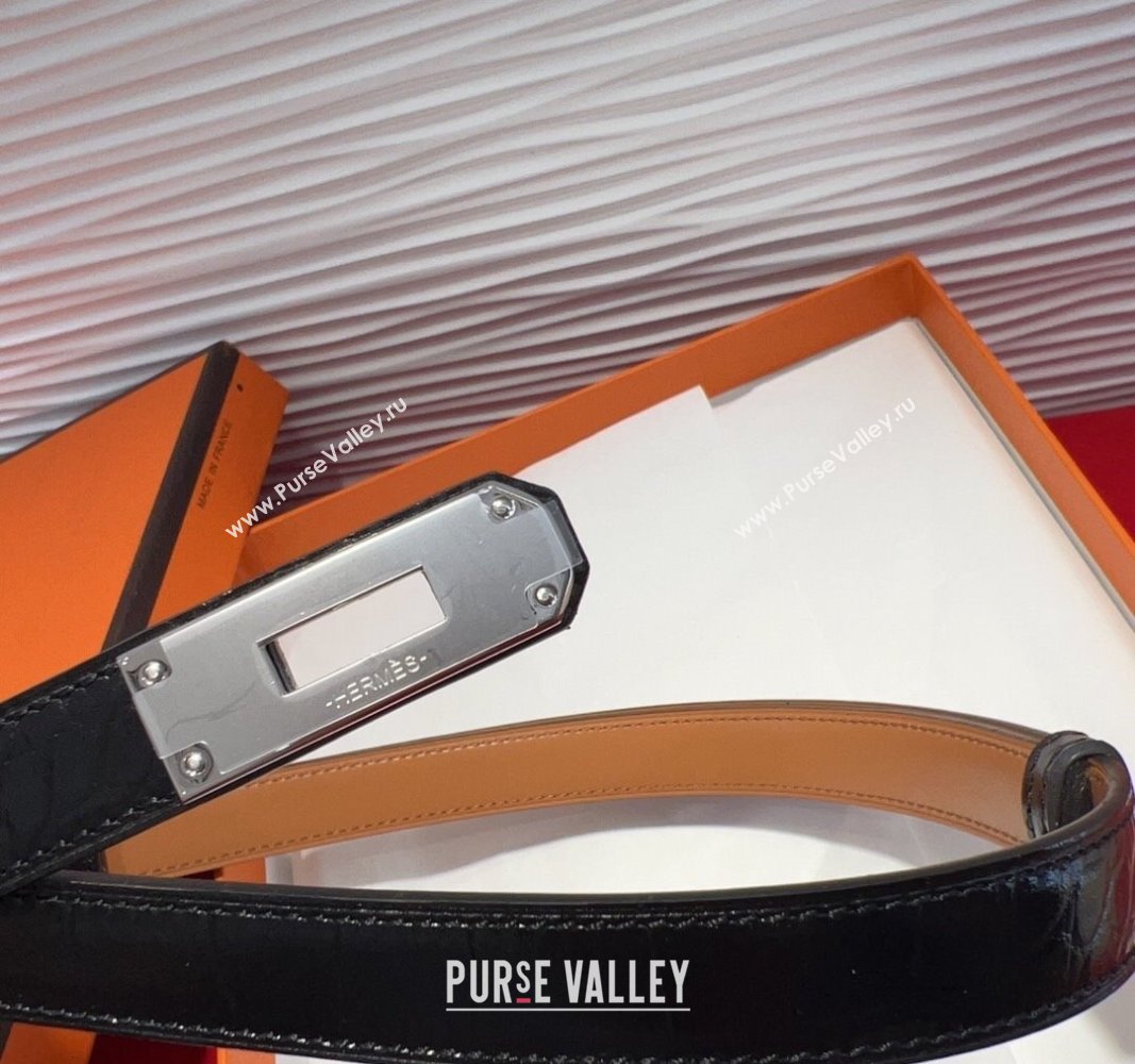 Hermes Kelly Duo Belt 1.8cm in Crocodile Embossed Calfskin with Metal-Tone Buckle Black/Silver 2025 H2011025 (99-250508173)