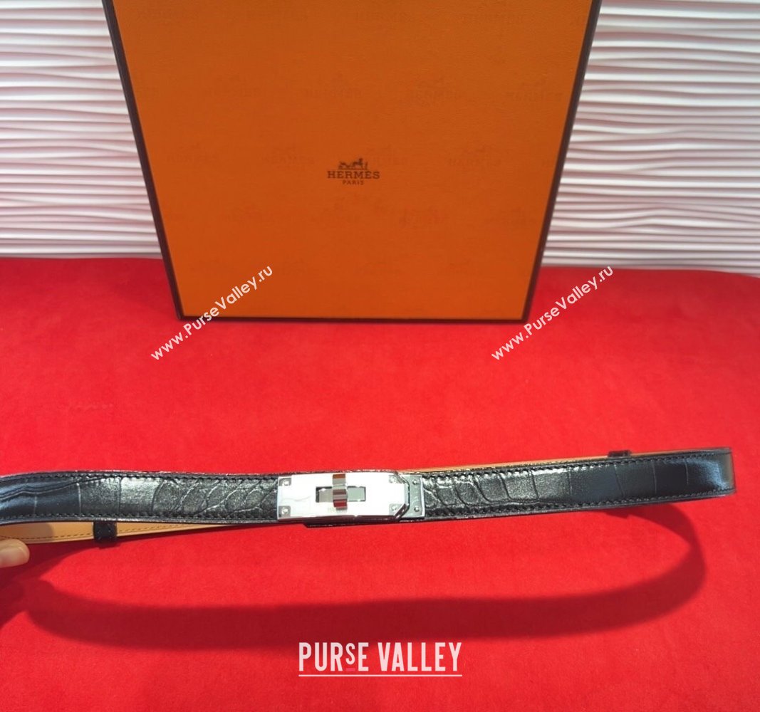 Hermes Kelly Duo Belt 1.8cm in Crocodile Embossed Calfskin with Metal-Tone Buckle Black/Silver 2025 H2011025 (99-250508173)