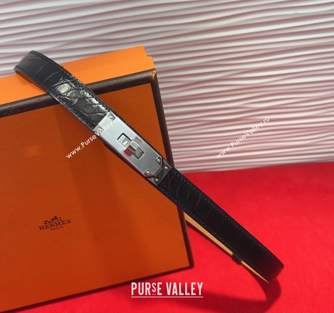 Hermes Kelly Duo Belt 1.8cm in Crocodile Embossed Calfskin with Metal-Tone Buckle Black/Silver 2025 H2011025 (99-250508173)