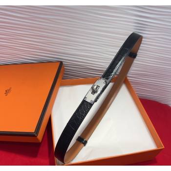 Hermes Kelly Duo Belt 1.8cm in Crocodile Embossed Calfskin with Metal-Tone Buckle Black/Silver 2025 H2011025 (99-250508173)