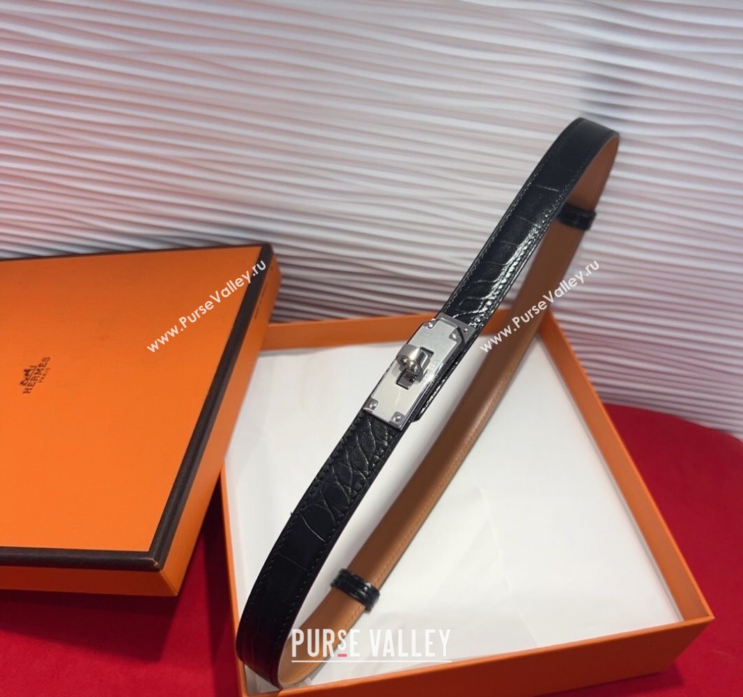 Hermes Kelly Duo Belt 1.8cm in Crocodile Embossed Calfskin with Metal-Tone Buckle Black/Silver 2025 H2011025 (99-250508173)