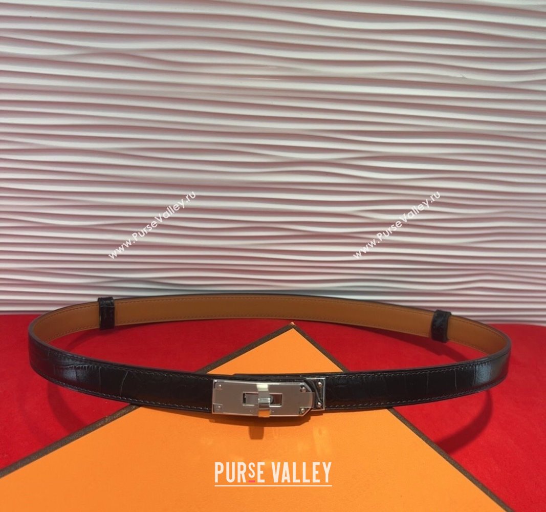 Hermes Kelly Duo Belt 1.8cm in Crocodile Embossed Calfskin with Metal-Tone Buckle Black/Silver 2025 H2011025 (99-250508173)
