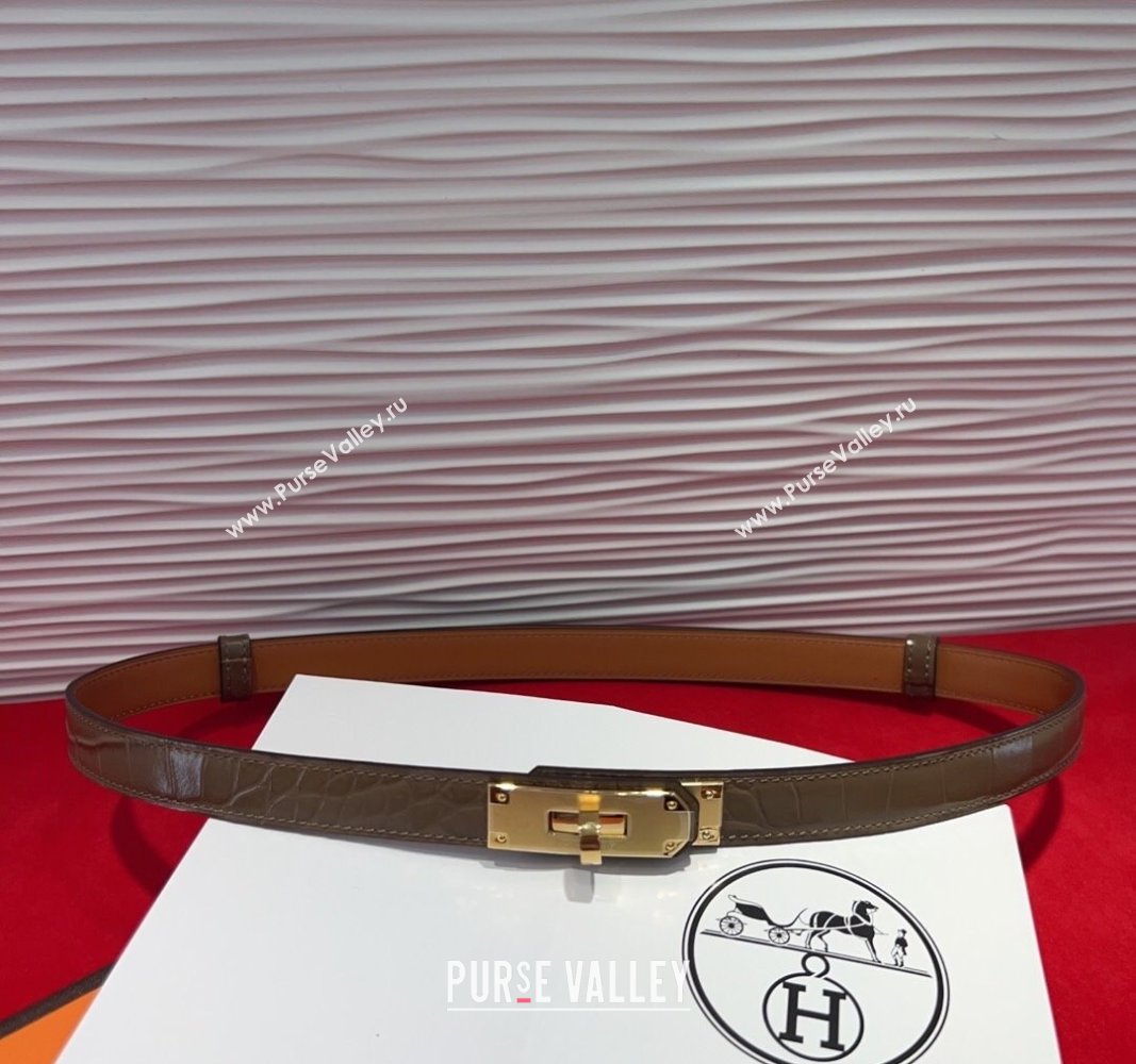 Hermes Kelly Duo Belt 1.8cm in Crocodile Embossed Calfskin with Metal-Tone Buckle Grey/Gold 2025 H2011025 (99-250508174)