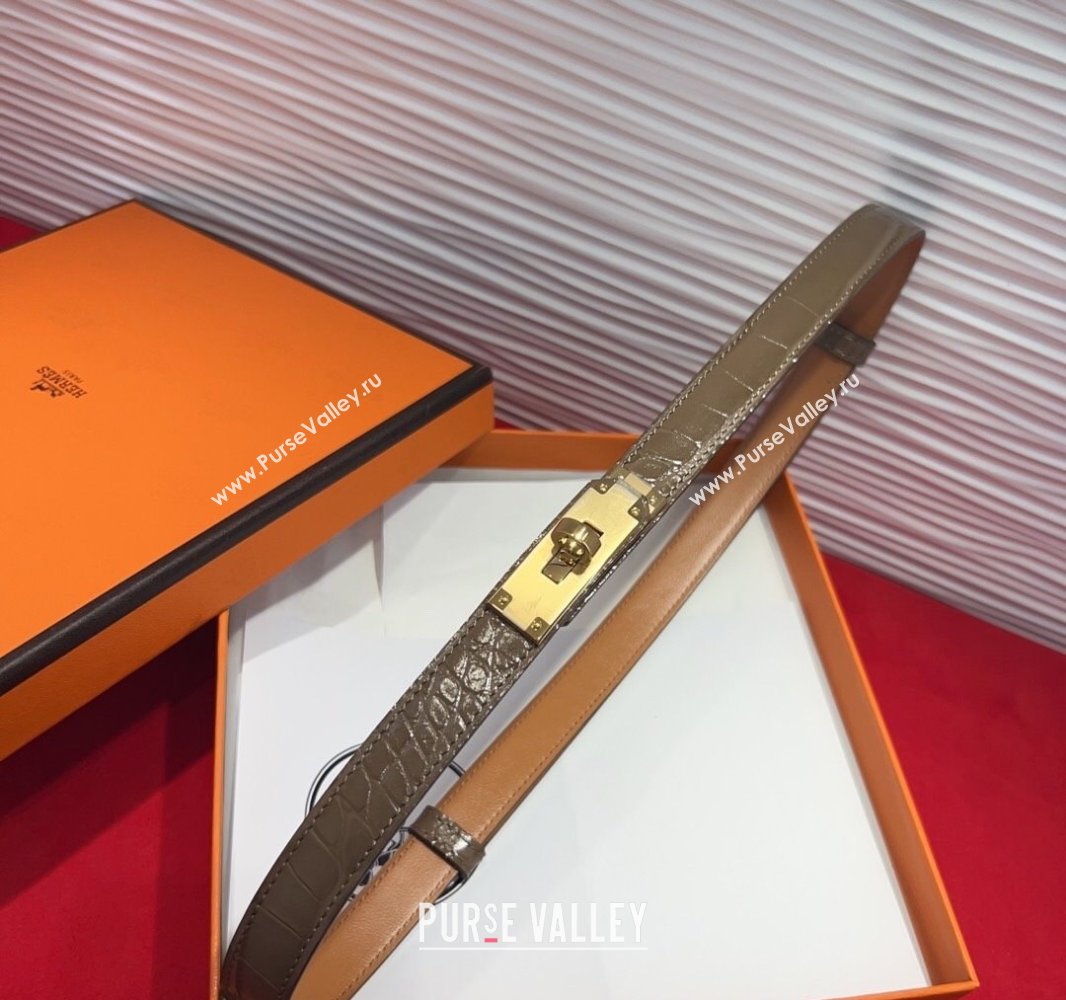 Hermes Kelly Duo Belt 1.8cm in Crocodile Embossed Calfskin with Metal-Tone Buckle Grey/Gold 2025 H2011025 (99-250508174)