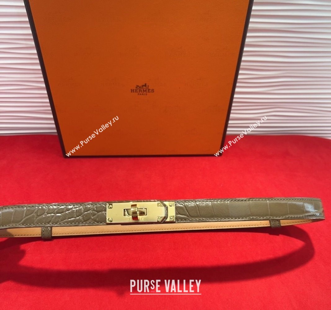 Hermes Kelly Duo Belt 1.8cm in Crocodile Embossed Calfskin with Metal-Tone Buckle Grey/Gold 2025 H2011025 (99-250508174)