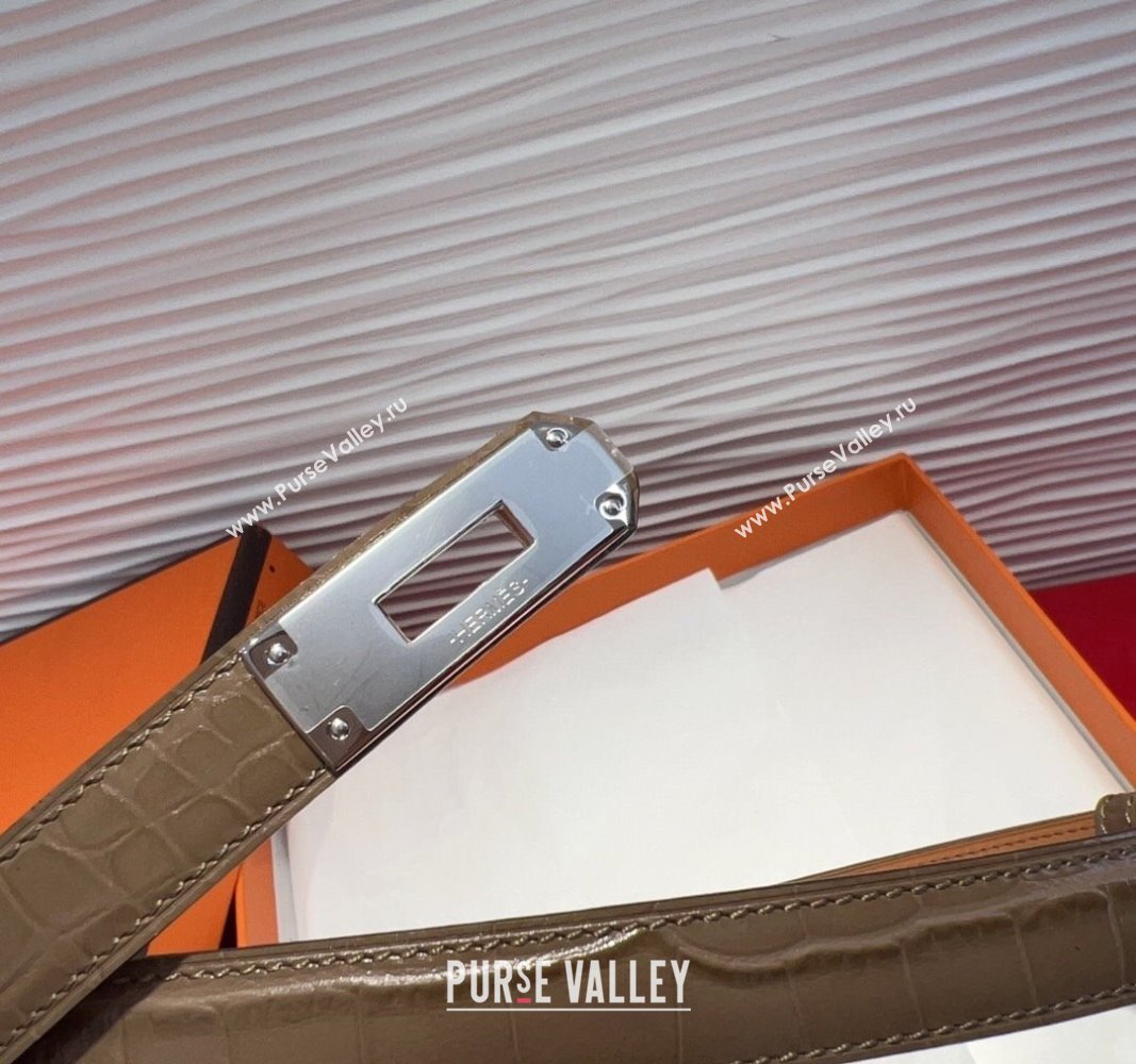 Hermes Kelly Duo Belt 1.8cm in Crocodile Embossed Calfskin with Metal-Tone Buckle Grey/Silver 2025 H2011025 (99-250508175)