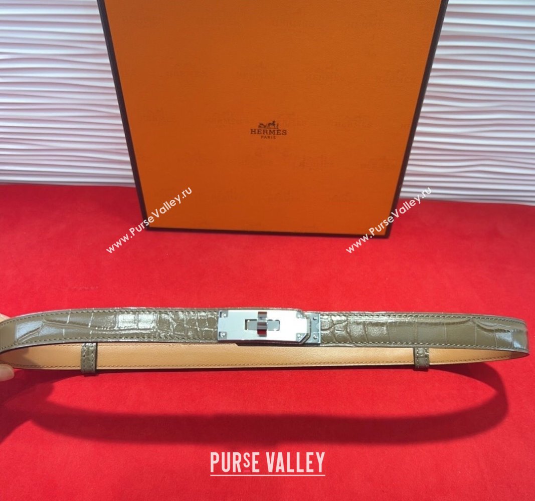 Hermes Kelly Duo Belt 1.8cm in Crocodile Embossed Calfskin with Metal-Tone Buckle Grey/Silver 2025 H2011025 (99-250508175)
