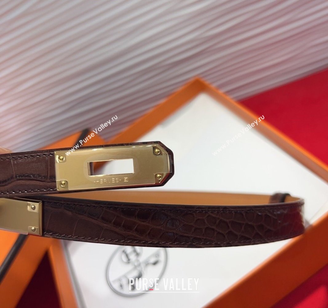 Hermes Kelly Duo Belt 1.8cm in Crocodile Embossed Calfskin with Metal-Tone Buckle Dark Brown/Gold 2025 H2011025 (99-250508176)