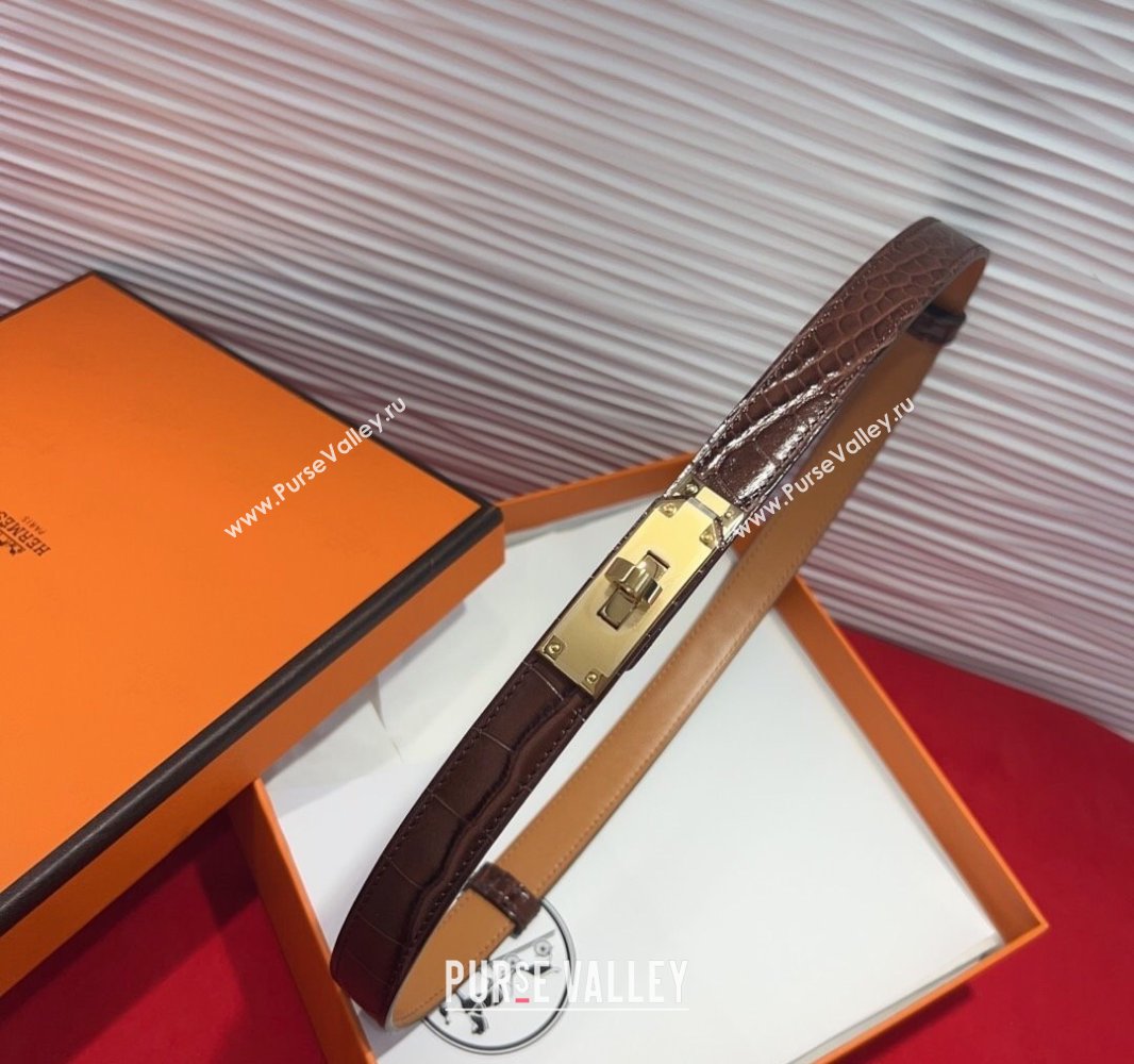 Hermes Kelly Duo Belt 1.8cm in Crocodile Embossed Calfskin with Metal-Tone Buckle Dark Brown/Gold 2025 H2011025 (99-250508176)