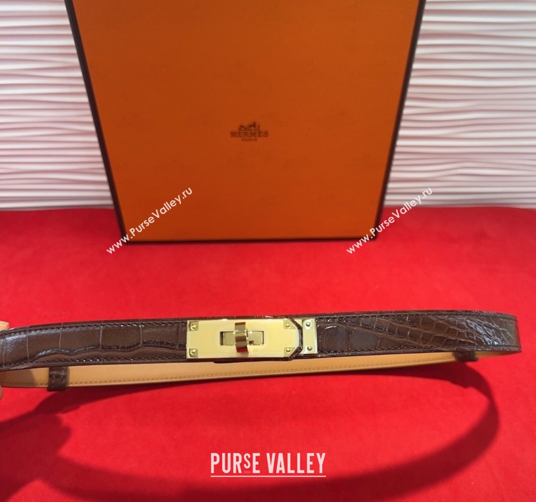 Hermes Kelly Duo Belt 1.8cm in Crocodile Embossed Calfskin with Metal-Tone Buckle Dark Brown/Gold 2025 H2011025 (99-250508176)