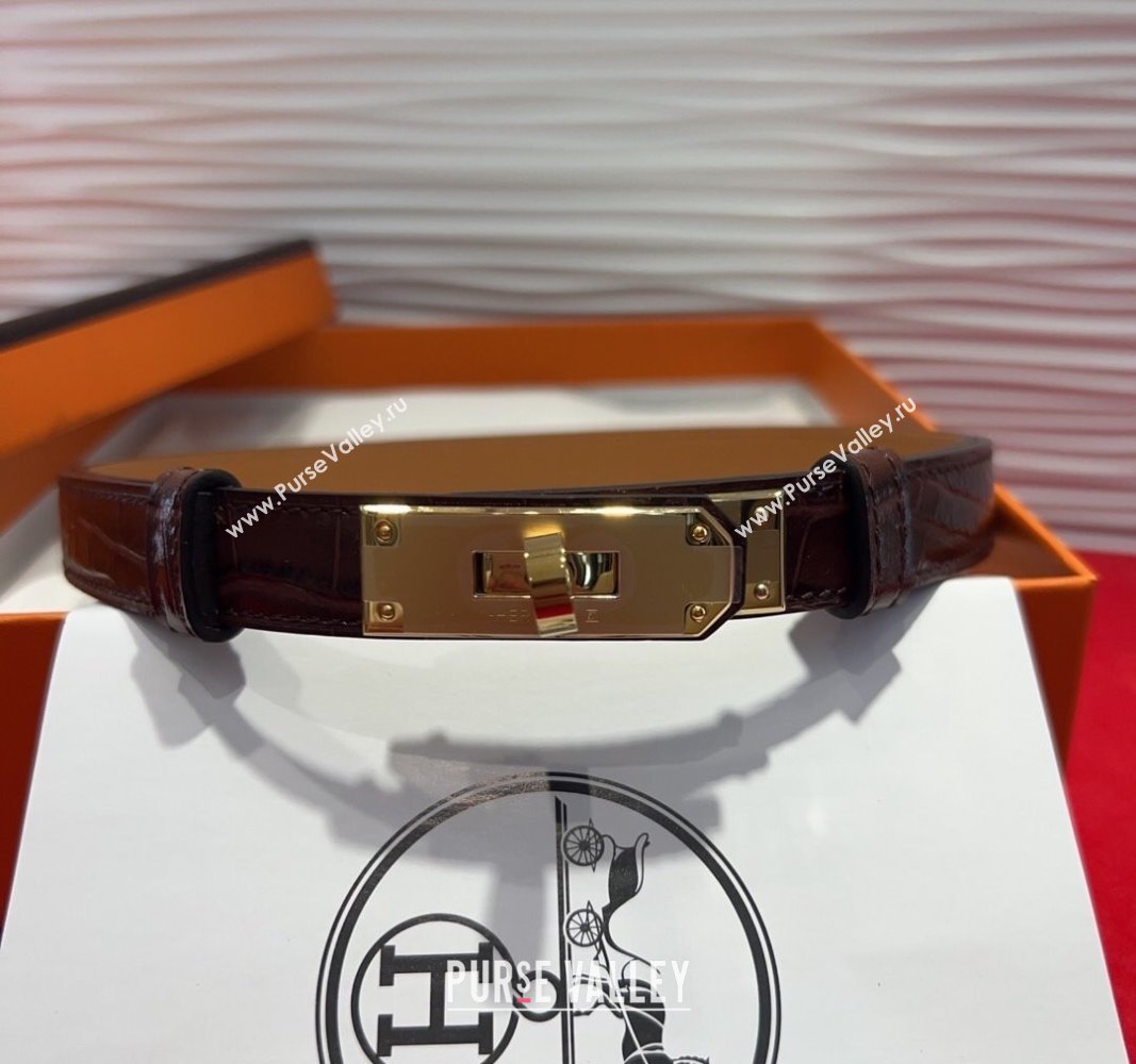 Hermes Kelly Duo Belt 1.8cm in Crocodile Embossed Calfskin with Metal-Tone Buckle Dark Brown/Gold 2025 H2011025 (99-250508176)