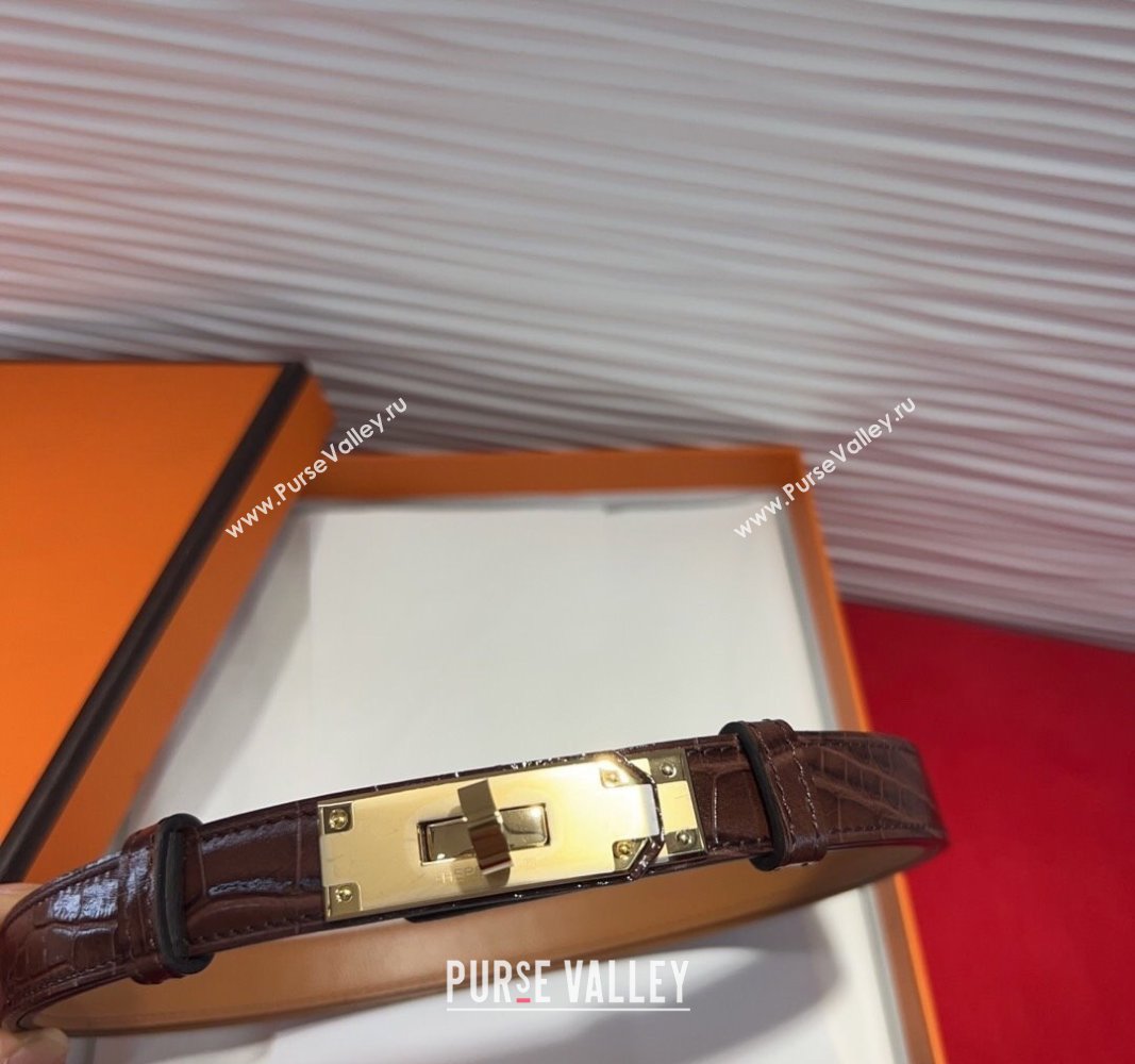 Hermes Kelly Duo Belt 1.8cm in Crocodile Embossed Calfskin with Metal-Tone Buckle Dark Brown/Gold 2025 H2011025 (99-250508176)