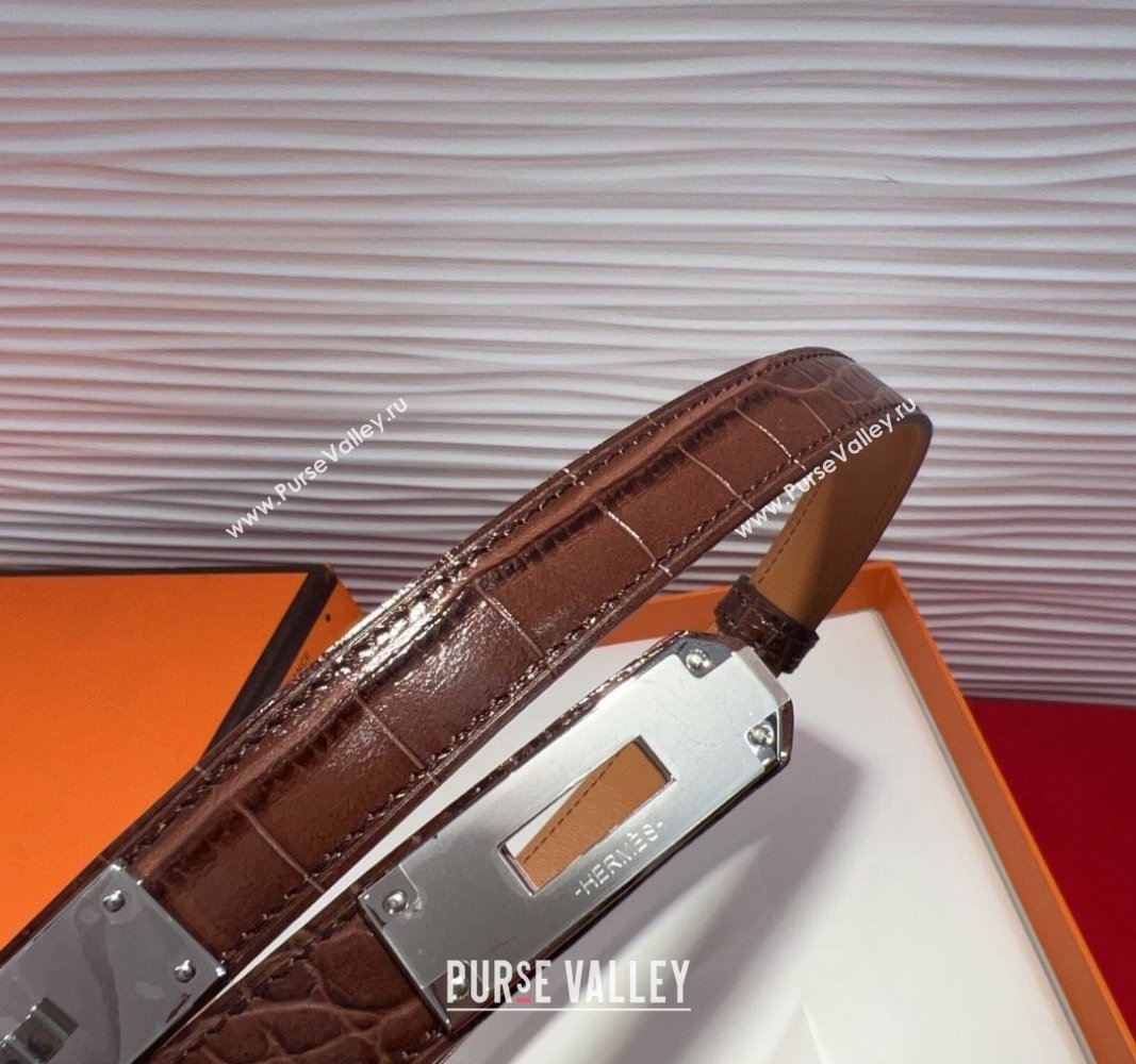 Hermes Kelly Duo Belt 1.8cm in Crocodile Embossed Calfskin with Metal-Tone Buckle Dark Brown/Silver 2025 H2011025 (99-250508177)