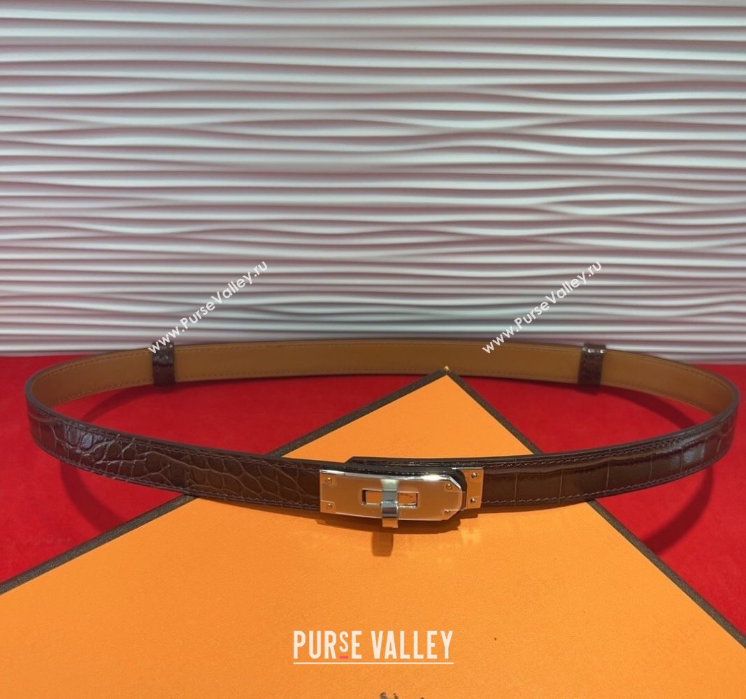Hermes Kelly Duo Belt 1.8cm in Crocodile Embossed Calfskin with Metal-Tone Buckle Dark Brown/Silver 2025 H2011025 (99-250508177)