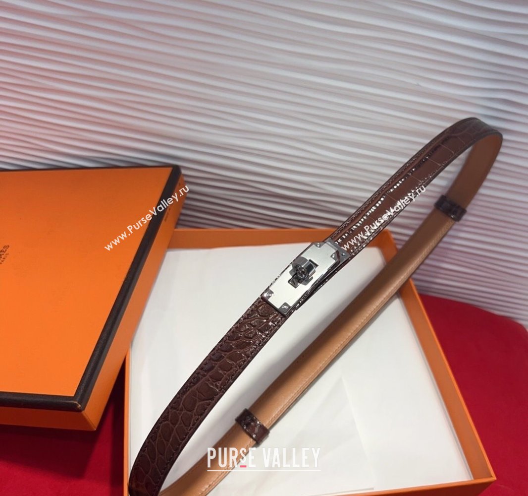 Hermes Kelly Duo Belt 1.8cm in Crocodile Embossed Calfskin with Metal-Tone Buckle Dark Brown/Silver 2025 H2011025 (99-250508177)