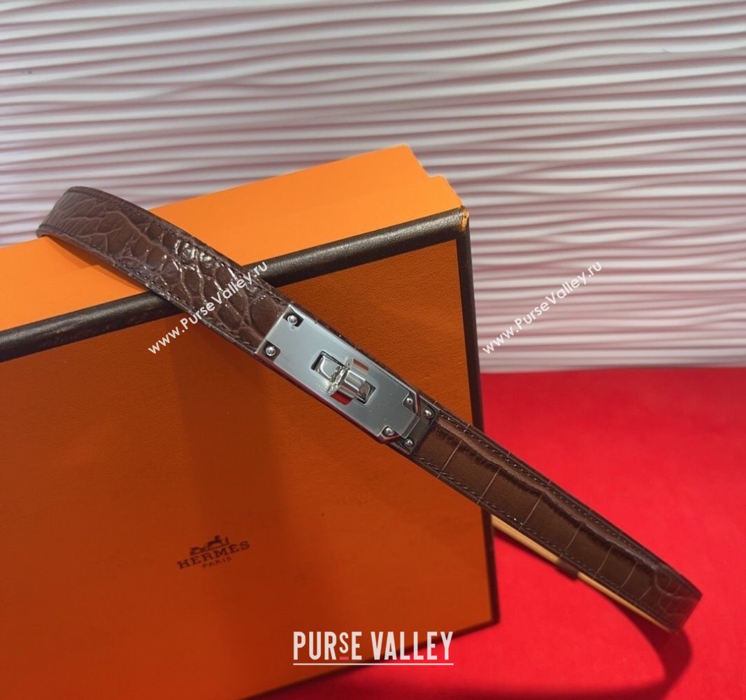 Hermes Kelly Duo Belt 1.8cm in Crocodile Embossed Calfskin with Metal-Tone Buckle Dark Brown/Silver 2025 H2011025 (99-250508177)