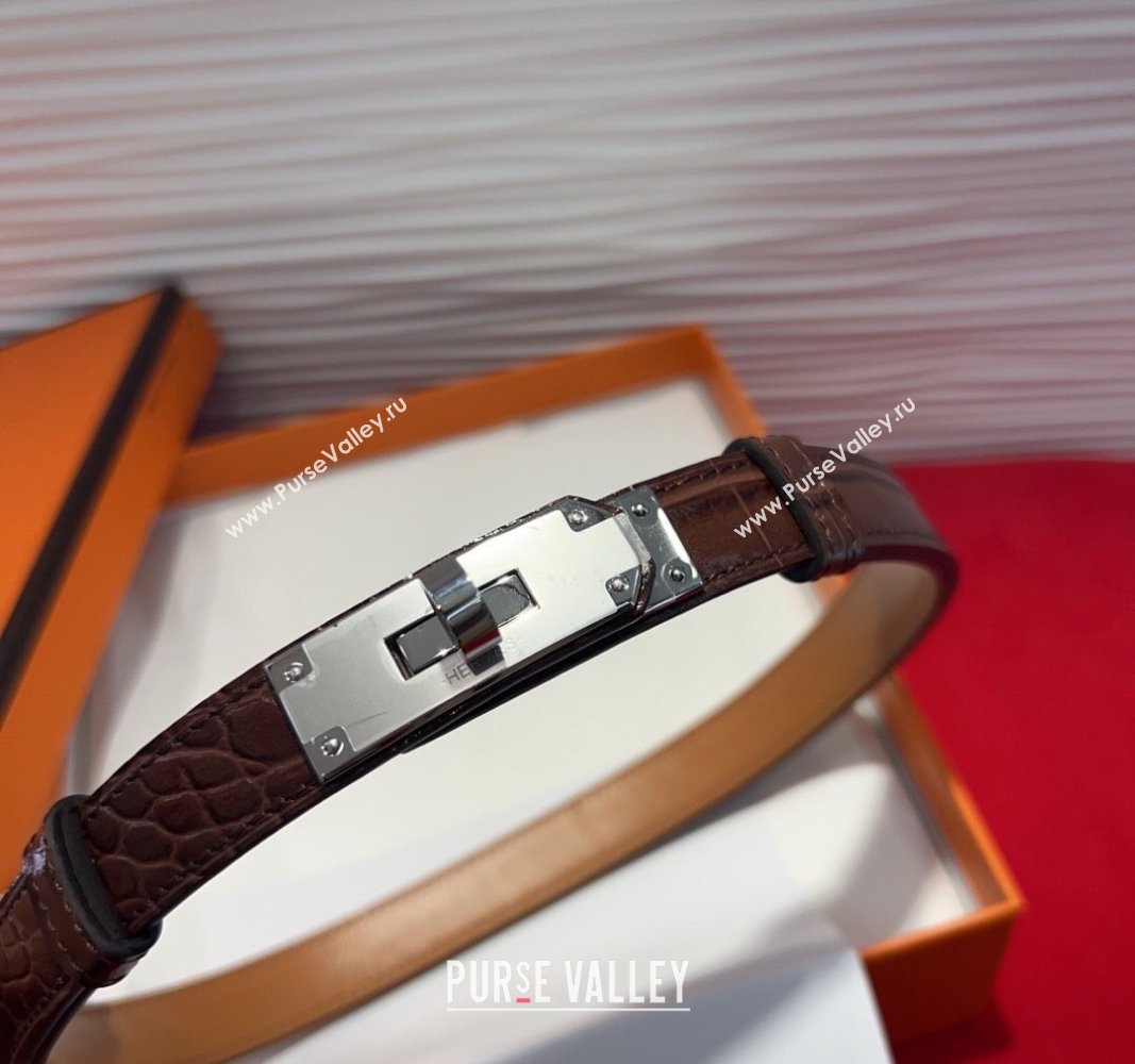 Hermes Kelly Duo Belt 1.8cm in Crocodile Embossed Calfskin with Metal-Tone Buckle Dark Brown/Silver 2025 H2011025 (99-250508177)