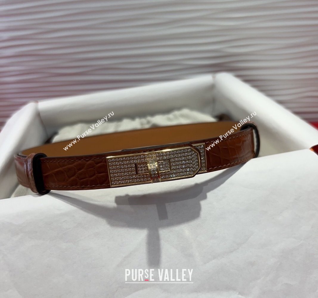 Hermes Kelly Duo Belt 1.8cm in Crocodile Embossed Calfskin with Gold Strass Paved Buckle Brown2 2025 H2011025 (99-250508178)
