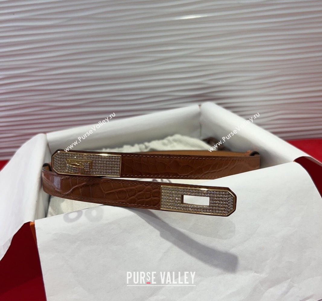 Hermes Kelly Duo Belt 1.8cm in Crocodile Embossed Calfskin with Gold Strass Paved Buckle Brown2 2025 H2011025 (99-250508178)