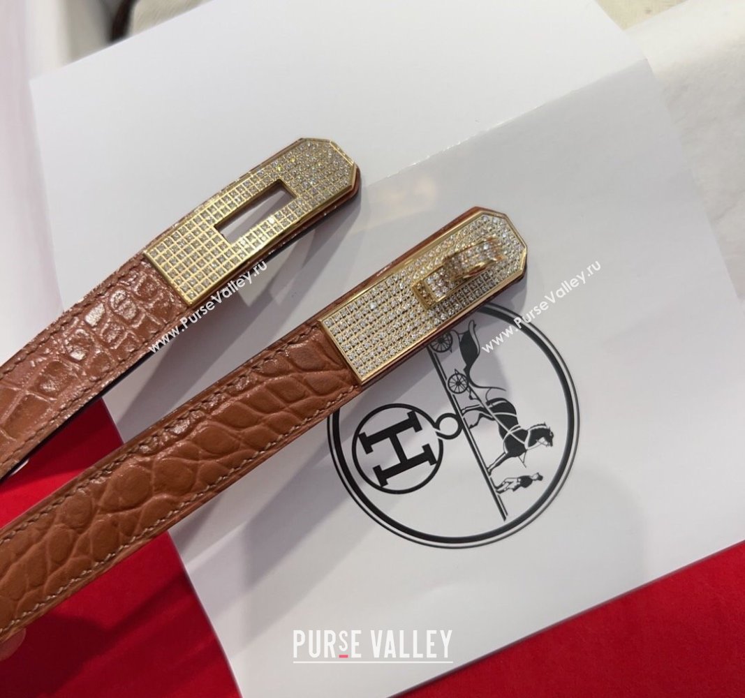 Hermes Kelly Duo Belt 1.8cm in Crocodile Embossed Calfskin with Gold Strass Paved Buckle Brown2 2025 H2011025 (99-250508178)