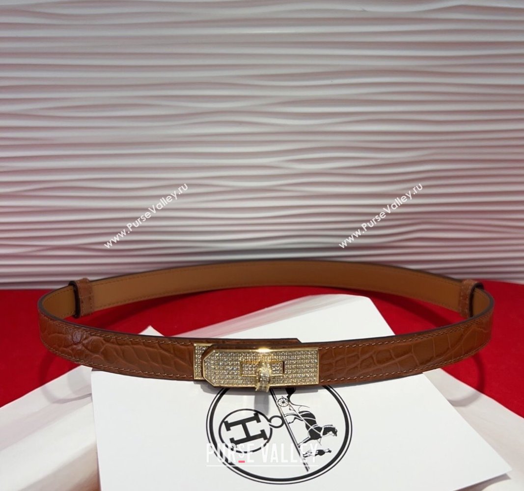 Hermes Kelly Duo Belt 1.8cm in Crocodile Embossed Calfskin with Gold Strass Paved Buckle Brown2 2025 H2011025 (99-250508178)