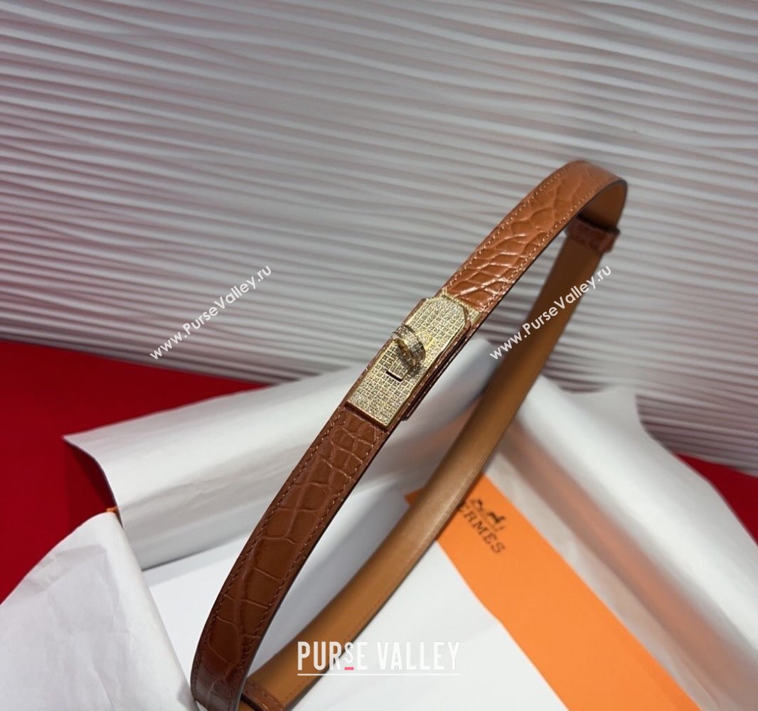 Hermes Kelly Duo Belt 1.8cm in Crocodile Embossed Calfskin with Gold Strass Paved Buckle Brown2 2025 H2011025 (99-250508178)