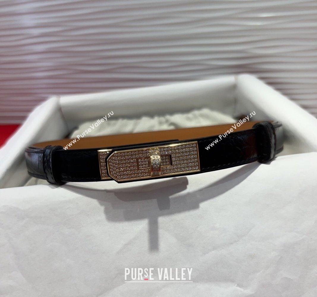 Hermes Kelly Duo Belt 1.8cm in Crocodile Embossed Calfskin with Gold Strass Paved Buckle Black 2025 H2011025 (99-250508179)
