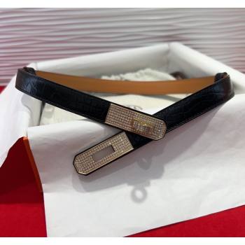 Hermes Kelly Duo Belt 1.8cm in Crocodile Embossed Calfskin with Gold Strass Paved Buckle Black 2025 H2011025 (99-250508179)