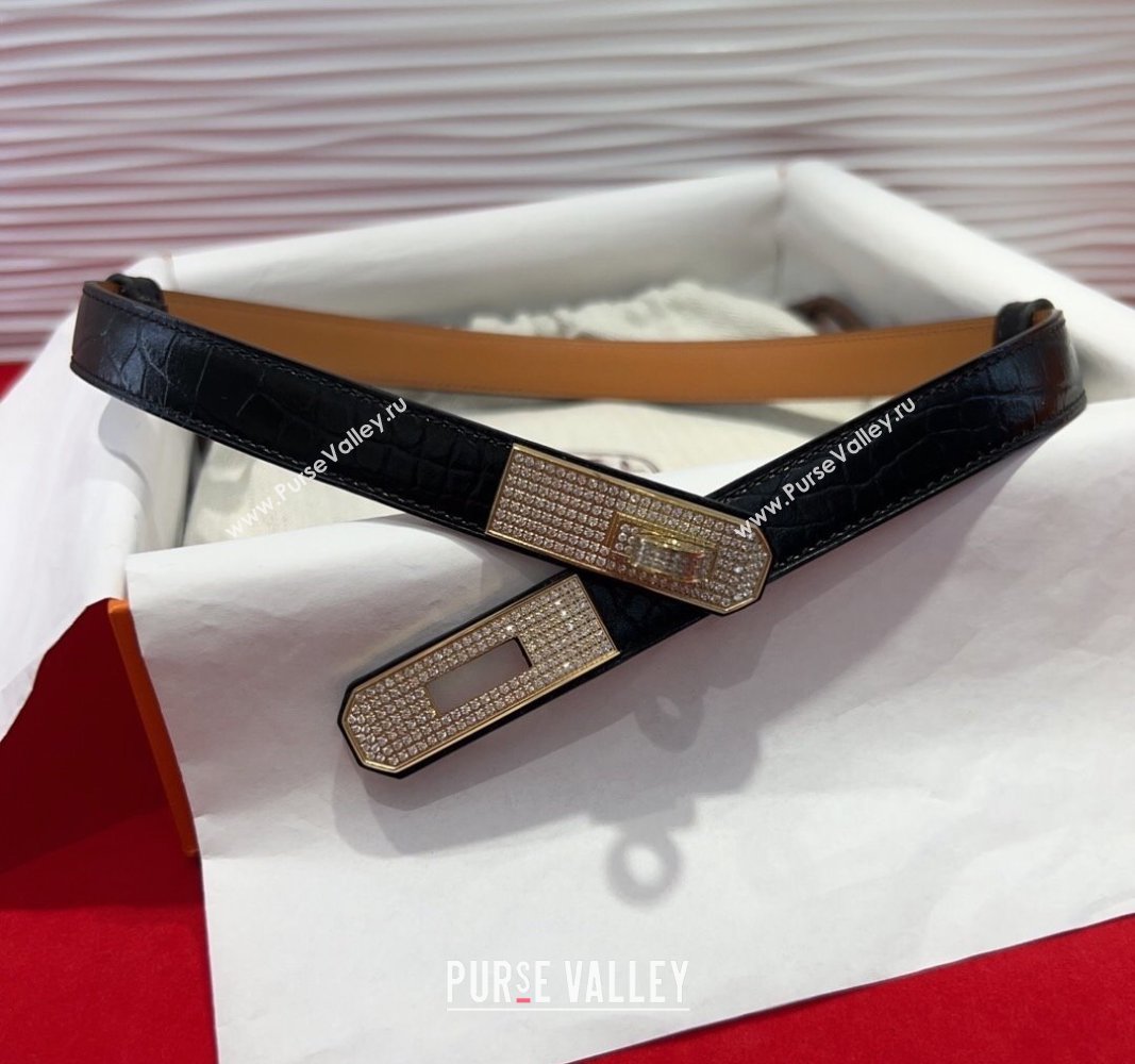 Hermes Kelly Duo Belt 1.8cm in Crocodile Embossed Calfskin with Gold Strass Paved Buckle Black 2025 H2011025 (99-250508179)