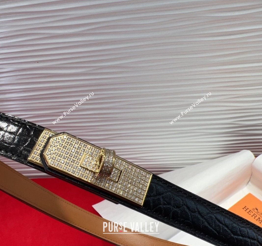 Hermes Kelly Duo Belt 1.8cm in Crocodile Embossed Calfskin with Gold Strass Paved Buckle Black 2025 H2011025 (99-250508179)