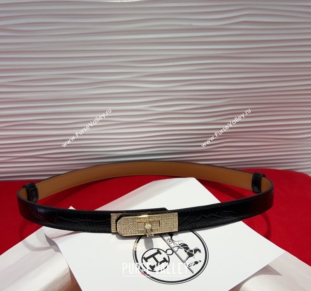 Hermes Kelly Duo Belt 1.8cm in Crocodile Embossed Calfskin with Gold Strass Paved Buckle Black 2025 H2011025 (99-250508179)