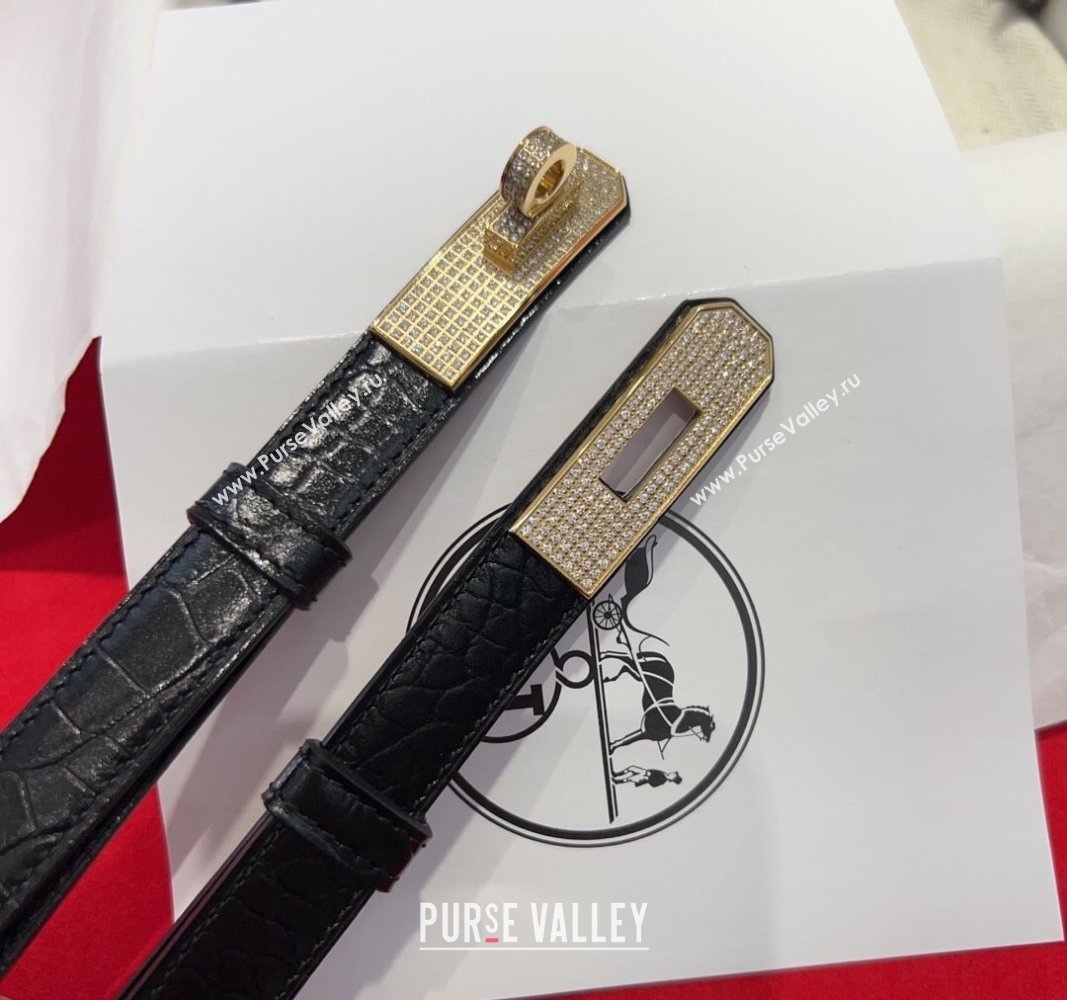 Hermes Kelly Duo Belt 1.8cm in Crocodile Embossed Calfskin with Gold Strass Paved Buckle Black 2025 H2011025 (99-250508179)