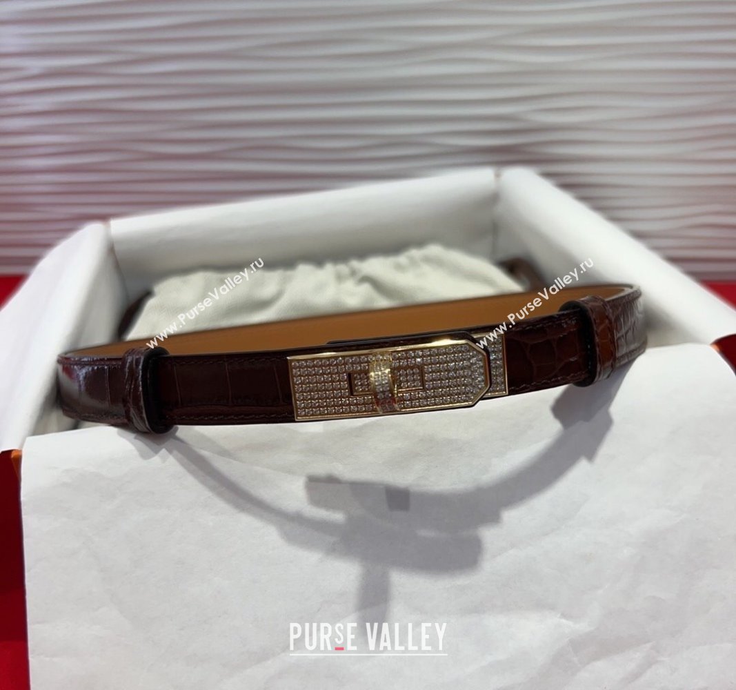 Hermes Kelly Duo Belt 1.8cm in Crocodile Embossed Calfskin with Gold Strass Paved Buckle Dark Brown 2025 H2011025 (99-250508181)