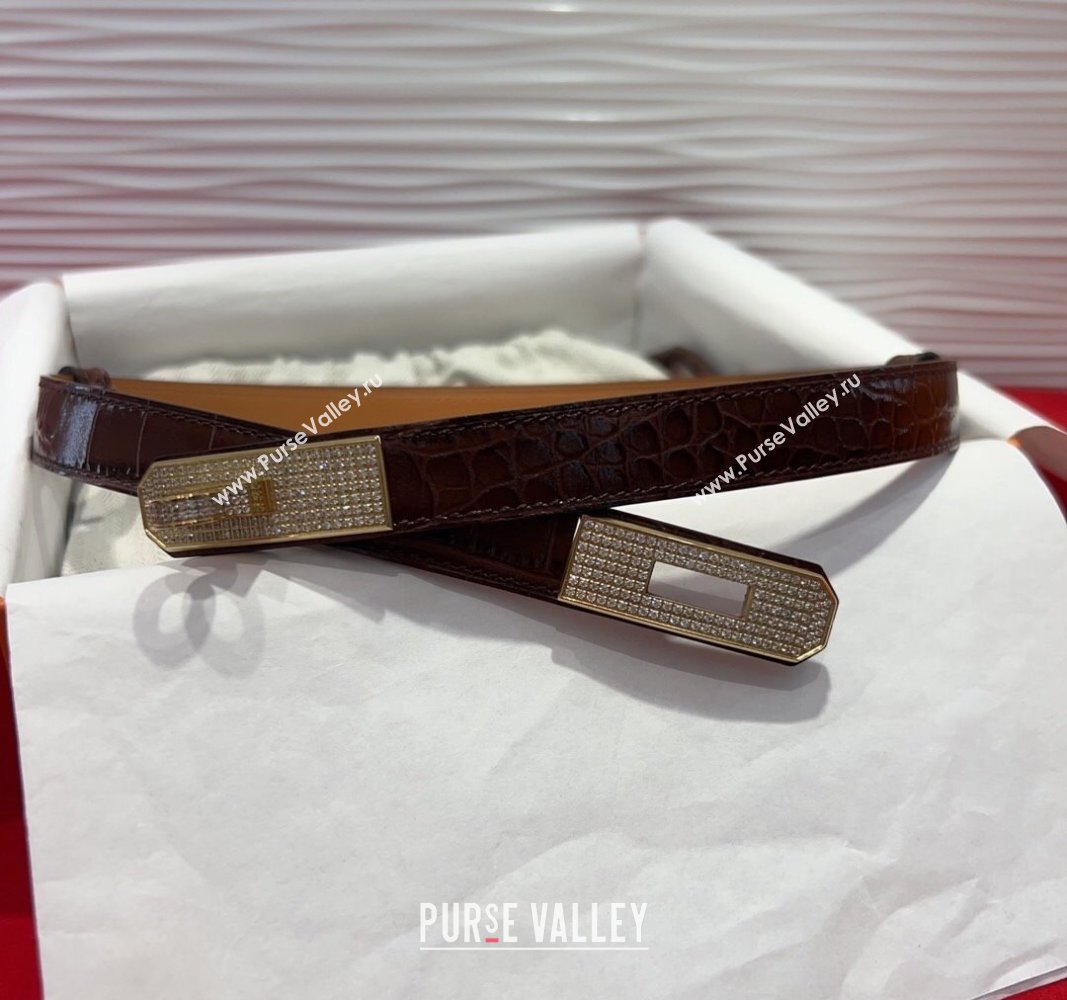 Hermes Kelly Duo Belt 1.8cm in Crocodile Embossed Calfskin with Gold Strass Paved Buckle Dark Brown 2025 H2011025 (99-250508181)