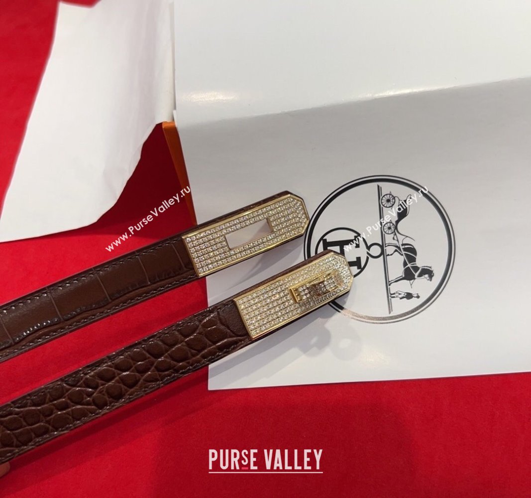 Hermes Kelly Duo Belt 1.8cm in Crocodile Embossed Calfskin with Gold Strass Paved Buckle Dark Brown 2025 H2011025 (99-250508181)