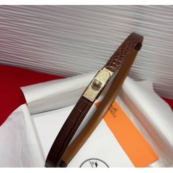 Hermes Kelly Duo Belt 1.8cm in Crocodile Embossed Calfskin with Gold Strass Paved Buckle Dark Brown 2025 H2011025 (99-250508181)