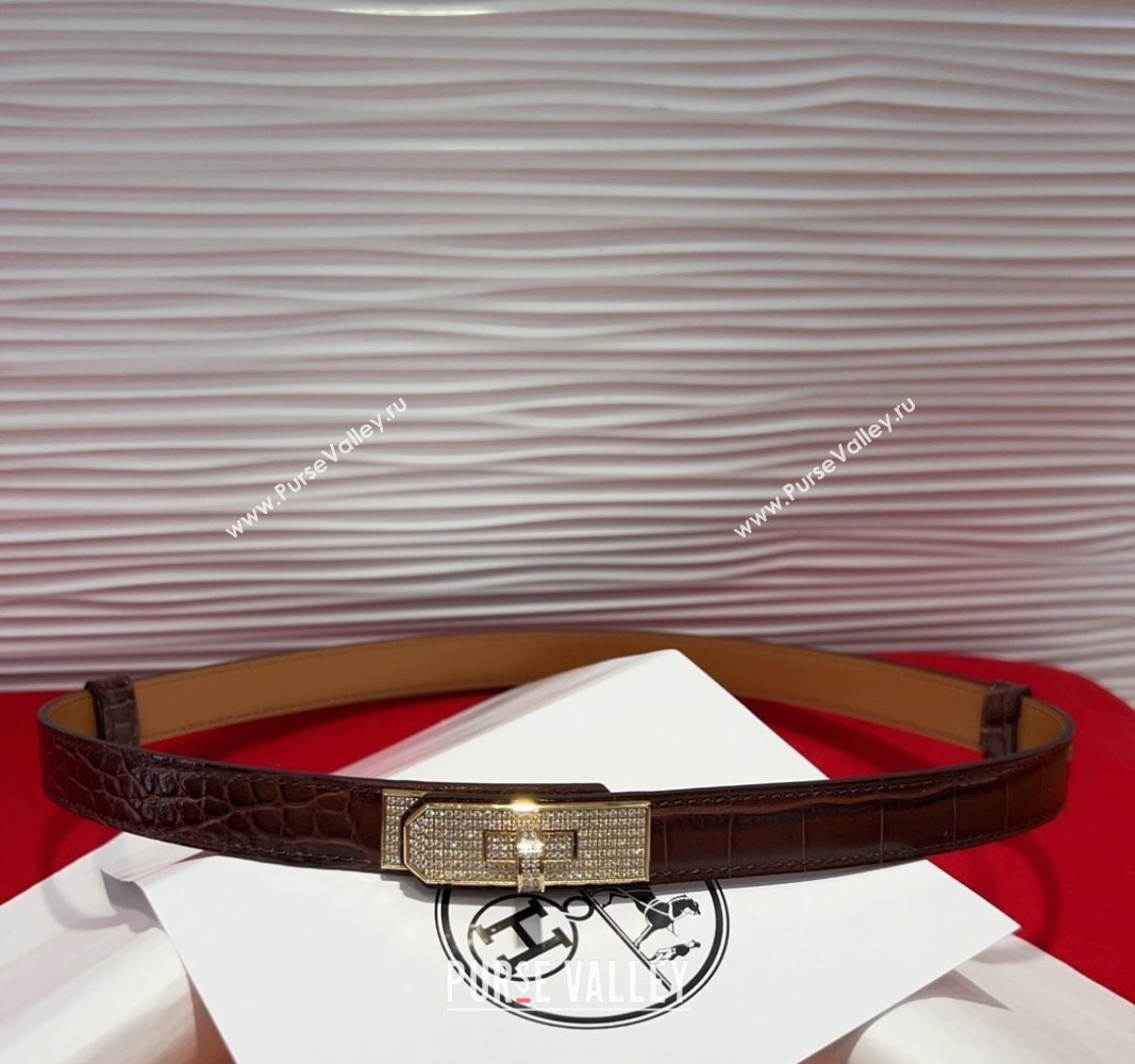 Hermes Kelly Duo Belt 1.8cm in Crocodile Embossed Calfskin with Gold Strass Paved Buckle Dark Brown 2025 H2011025 (99-250508181)