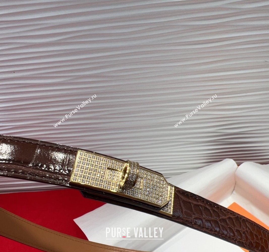 Hermes Kelly Duo Belt 1.8cm in Crocodile Embossed Calfskin with Gold Strass Paved Buckle Dark Brown 2025 H2011025 (99-250508181)