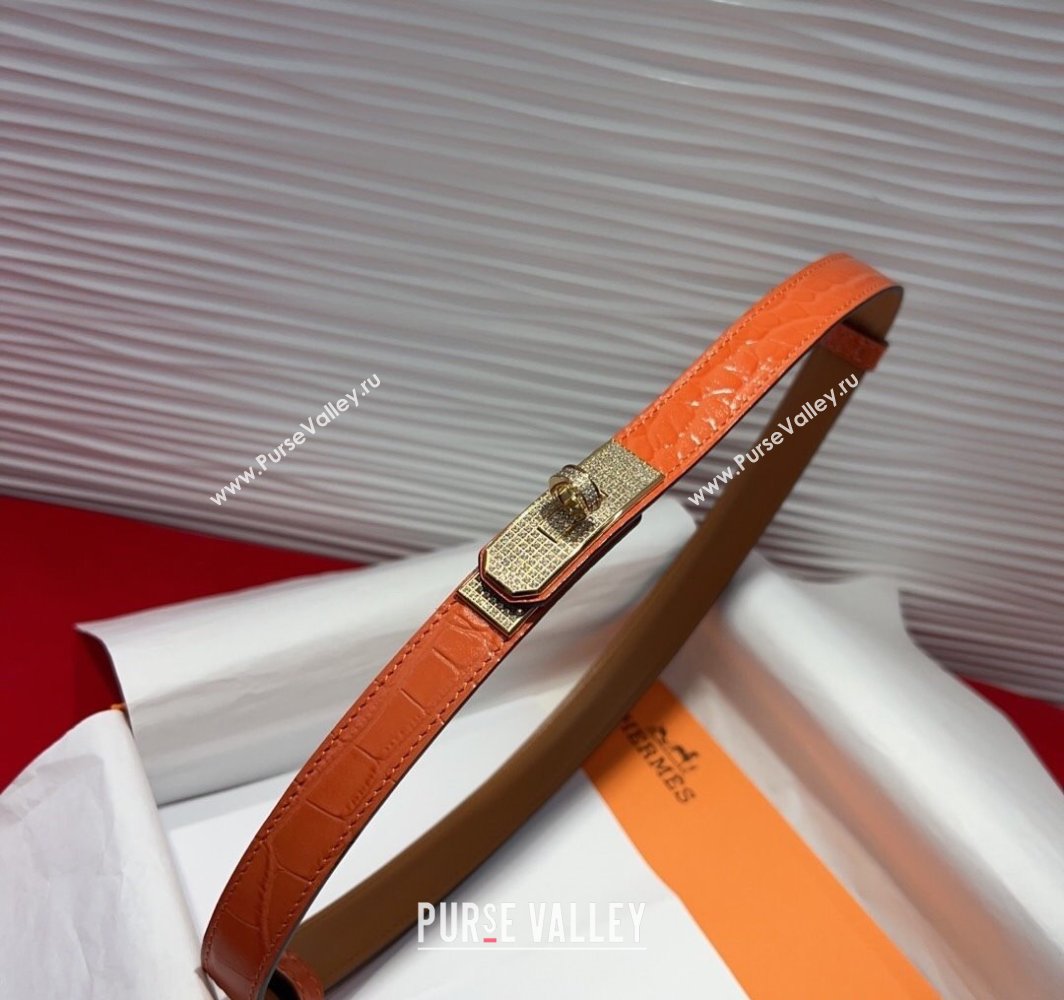 Hermes Kelly Duo Belt 1.8cm in Crocodile Embossed Calfskin with Gold Strass Paved Buckle Orange 2025 H2011025 (99-250508182)