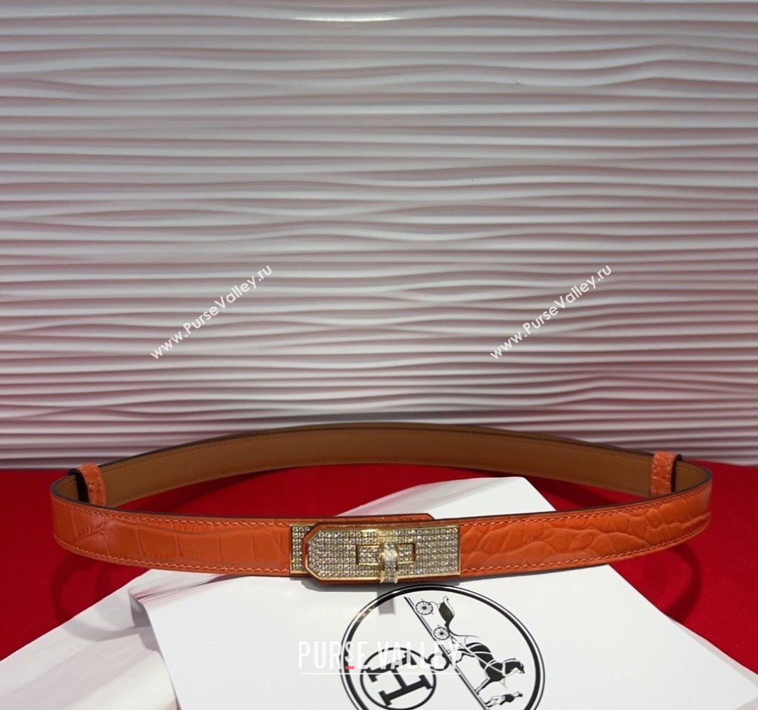 Hermes Kelly Duo Belt 1.8cm in Crocodile Embossed Calfskin with Gold Strass Paved Buckle Orange 2025 H2011025 (99-250508182)
