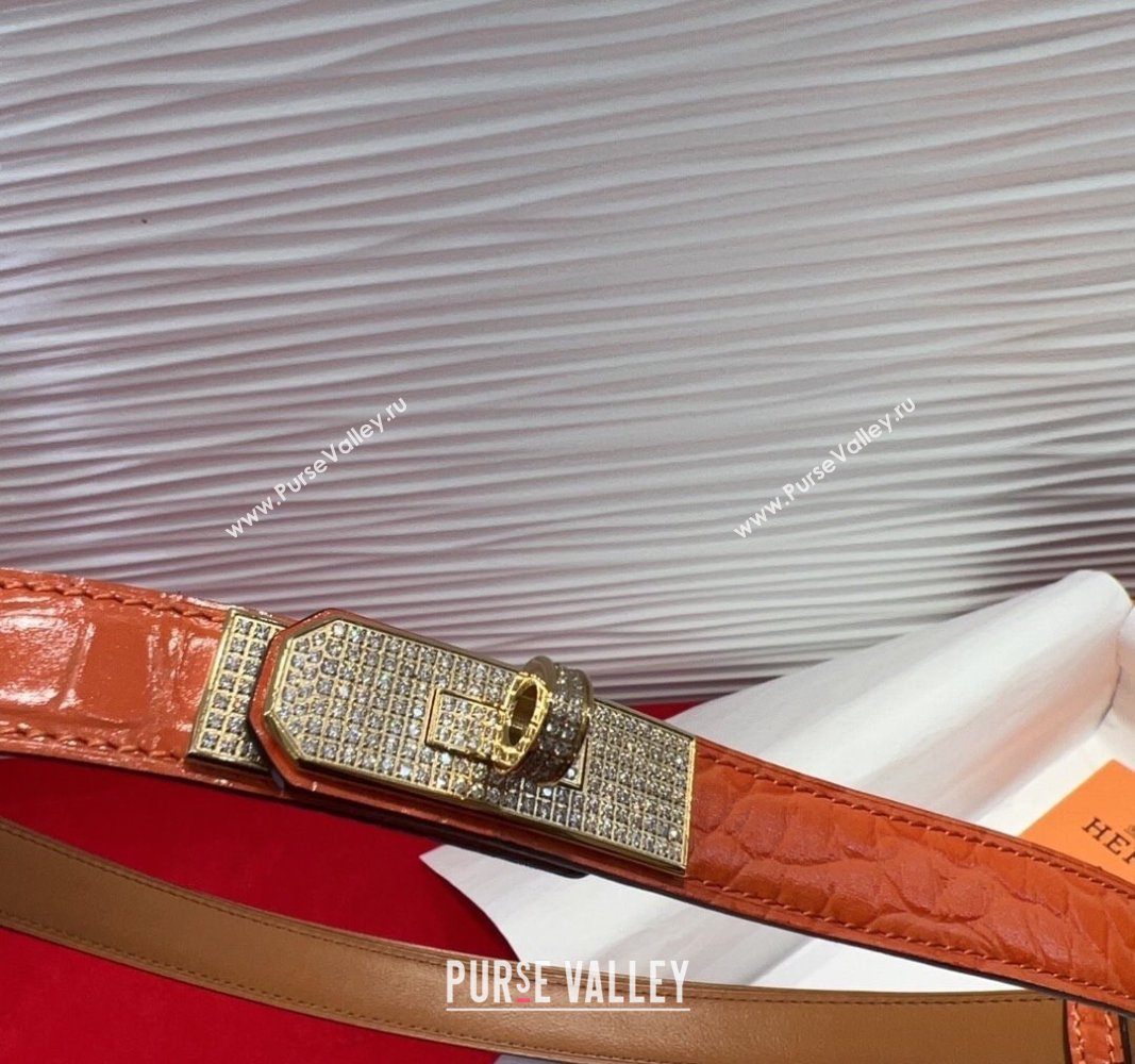 Hermes Kelly Duo Belt 1.8cm in Crocodile Embossed Calfskin with Gold Strass Paved Buckle Orange 2025 H2011025 (99-250508182)