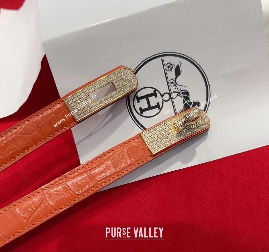 Hermes Kelly Duo Belt 1.8cm in Crocodile Embossed Calfskin with Gold Strass Paved Buckle Orange 2025 H2011025 (99-250508182)
