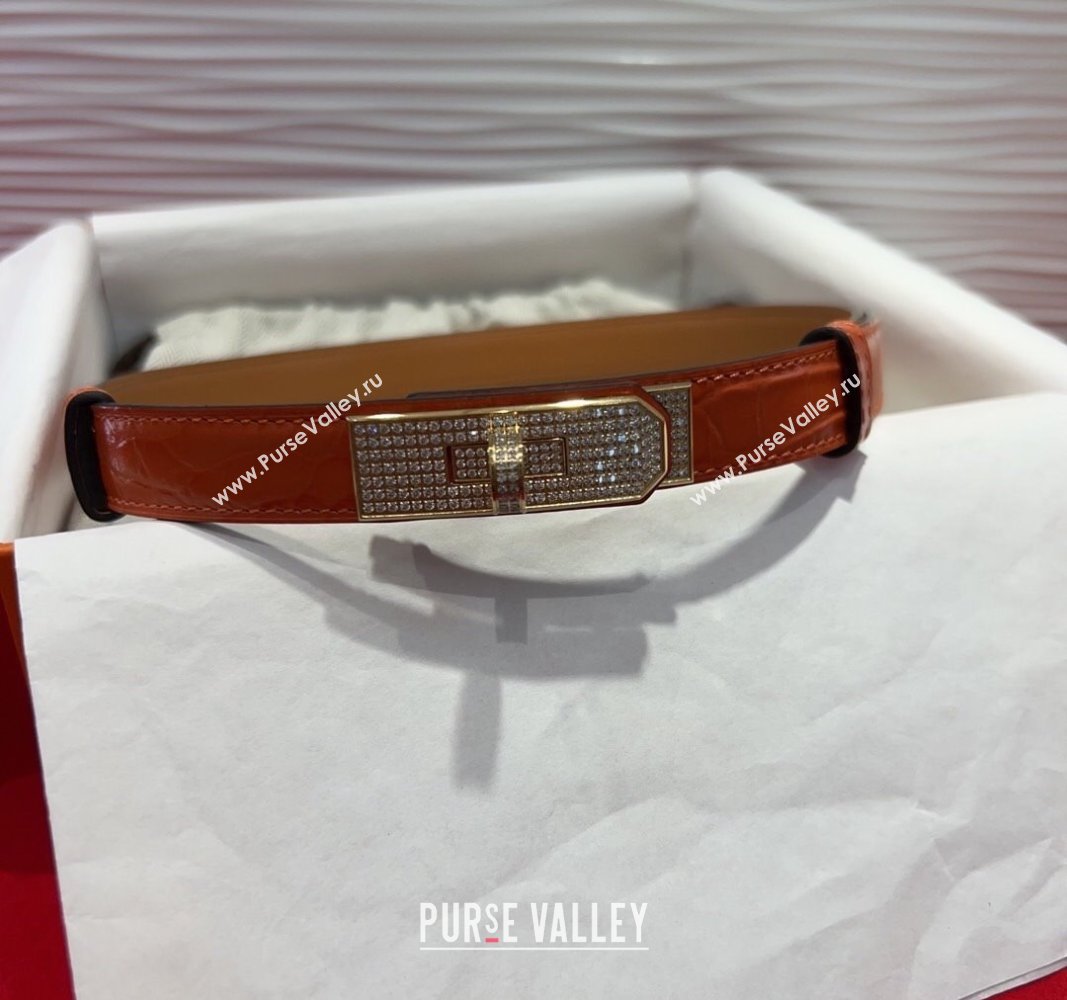Hermes Kelly Duo Belt 1.8cm in Crocodile Embossed Calfskin with Gold Strass Paved Buckle Orange 2025 H2011025 (99-250508182)