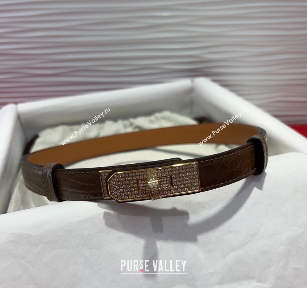 Hermes Kelly Duo Belt 1.8cm in Crocodile Embossed Calfskin with Gold Strass Paved Buckle Grey 2025 H2011025 (99-250508183)
