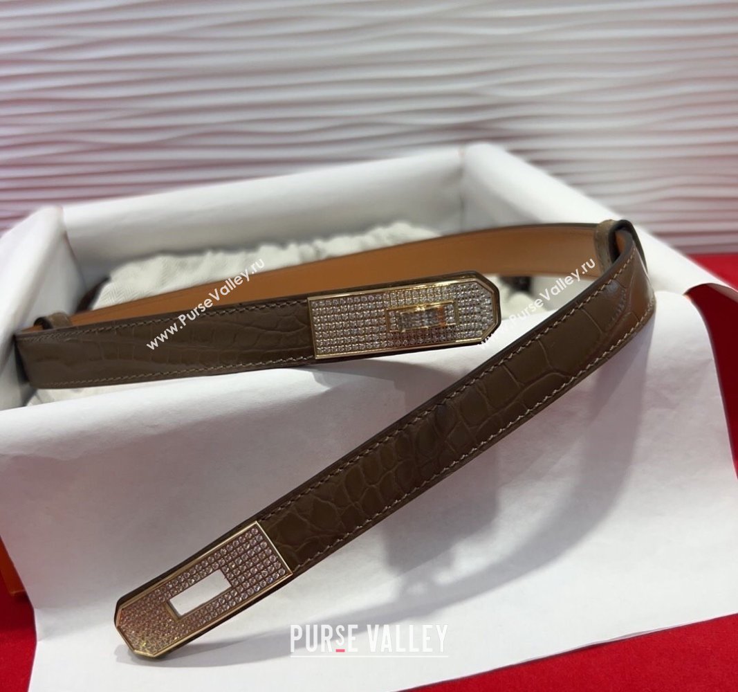 Hermes Kelly Duo Belt 1.8cm in Crocodile Embossed Calfskin with Gold Strass Paved Buckle Grey 2025 H2011025 (99-250508183)