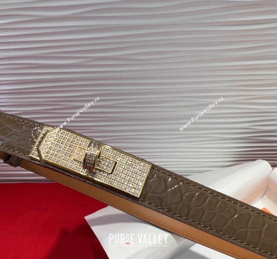 Hermes Kelly Duo Belt 1.8cm in Crocodile Embossed Calfskin with Gold Strass Paved Buckle Grey 2025 H2011025 (99-250508183)