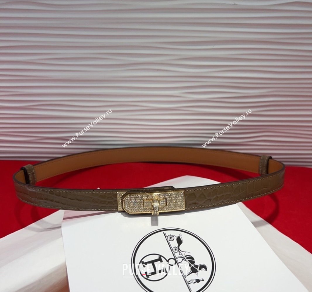 Hermes Kelly Duo Belt 1.8cm in Crocodile Embossed Calfskin with Gold Strass Paved Buckle Grey 2025 H2011025 (99-250508183)