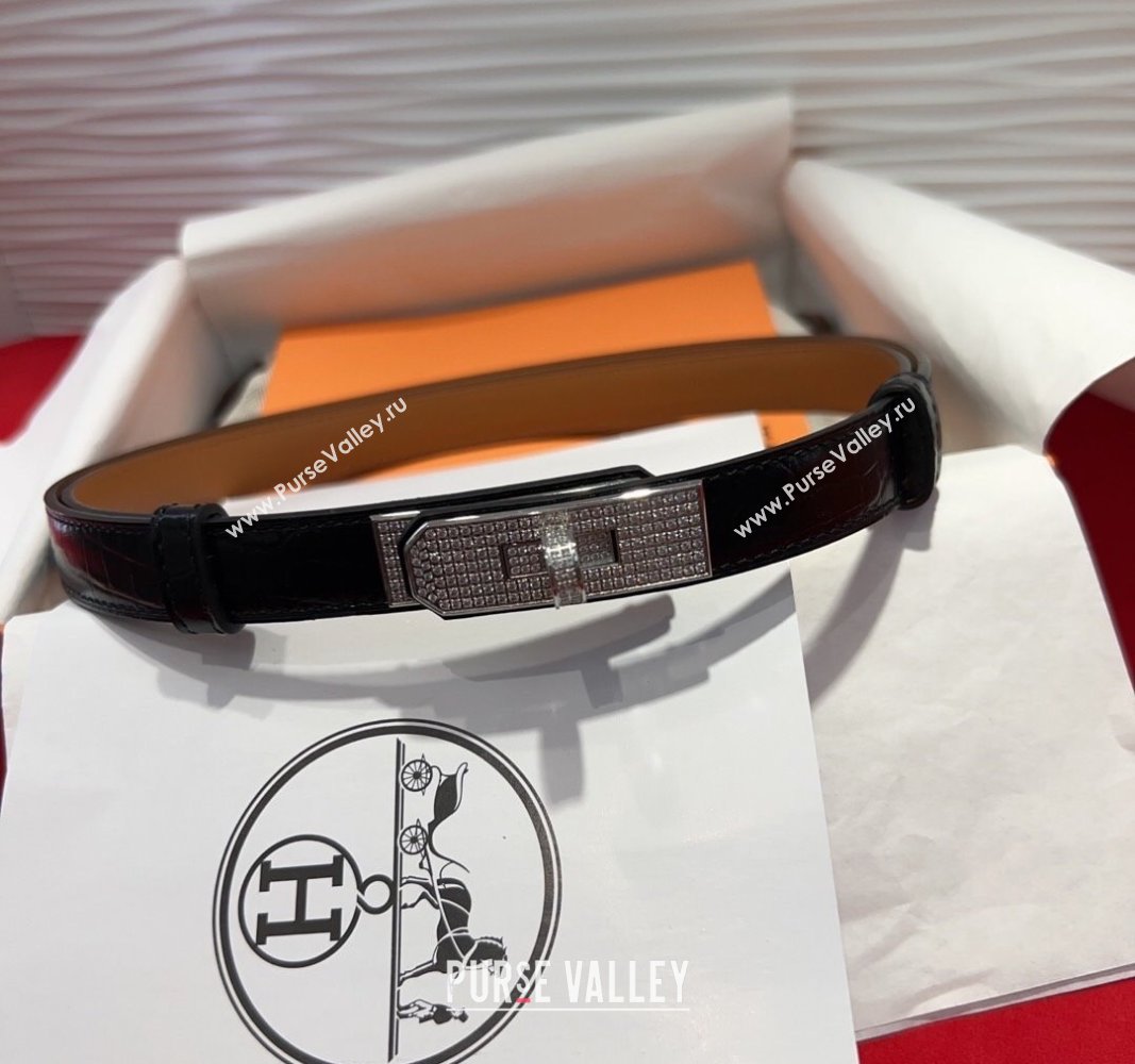 Hermes Kelly Duo Belt 1.8cm in Crocodile Embossed Calfskin with Silver Strass Paved Buckle Black 2025 H2011025 (99-250508184)
